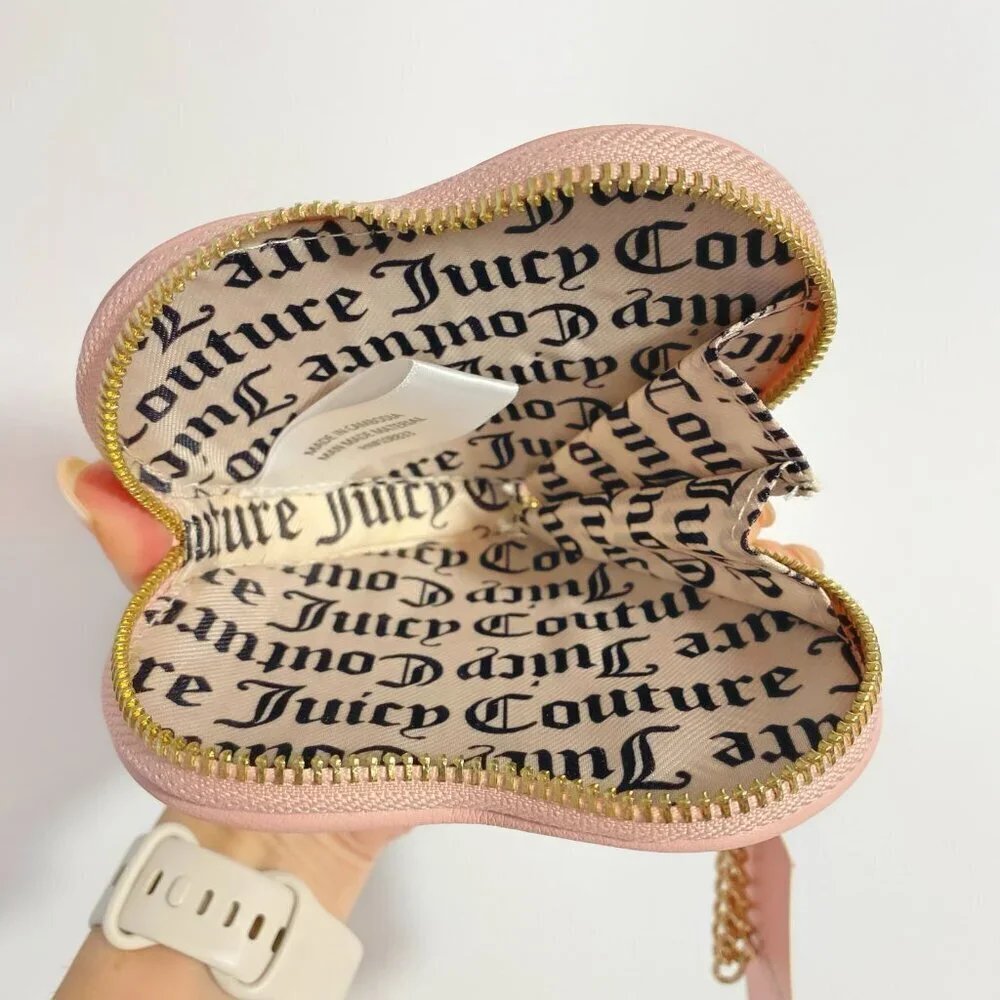 Juicy Couture Pink Diamonds & Pearls Heart Shape Logo Gold Chain Wristlet Bag